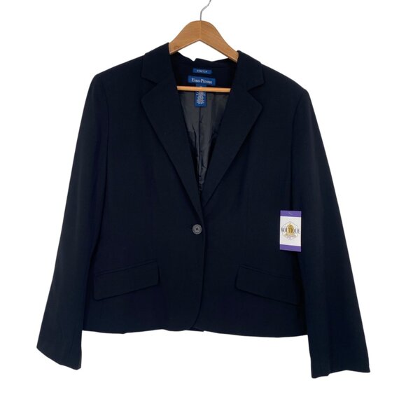 Evan-Picone Womens 16 Black Blazer Stretch Pockets Lined One Button Professional - Picture 16 of 16